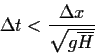\begin{displaymath}
\Delta t < \frac{\Delta x}{\sqrt{g\overline{H}}}
\end{displaymath}