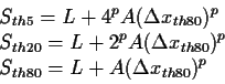 \begin{displaymath}
\begin{split}
& S_{th5} = L + 4^p A (\Delta x_{th80})^p\\ ...
...80})^p\\
& S_{th80} = L + A (\Delta x_{th80})^p
\end{split}\end{displaymath}