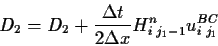 \begin{displaymath}
D_2=D_2 + \frac{\Delta t}{2 \Delta x} H^n_{i\;j_1-1} u^{BC}_{i\;j_1}
\end{displaymath}